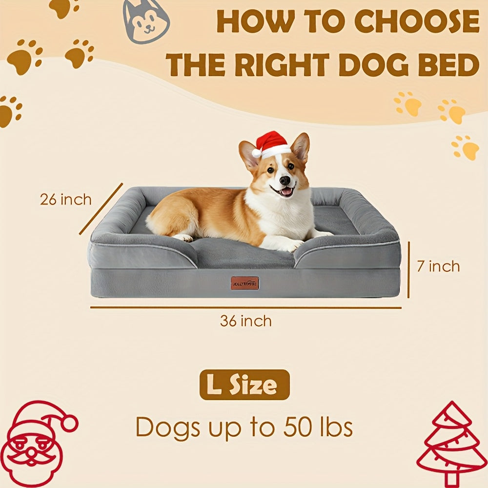 Extra Large Dog Sofa Bed, 100% Supportive Foam, 4-Sided Bolster, Removable Washable Cover, Non-Skid Bottom, Joint Support, Soft Warm Pet Couch Bed, Grey, M/L/XL/XXL, All Breeds