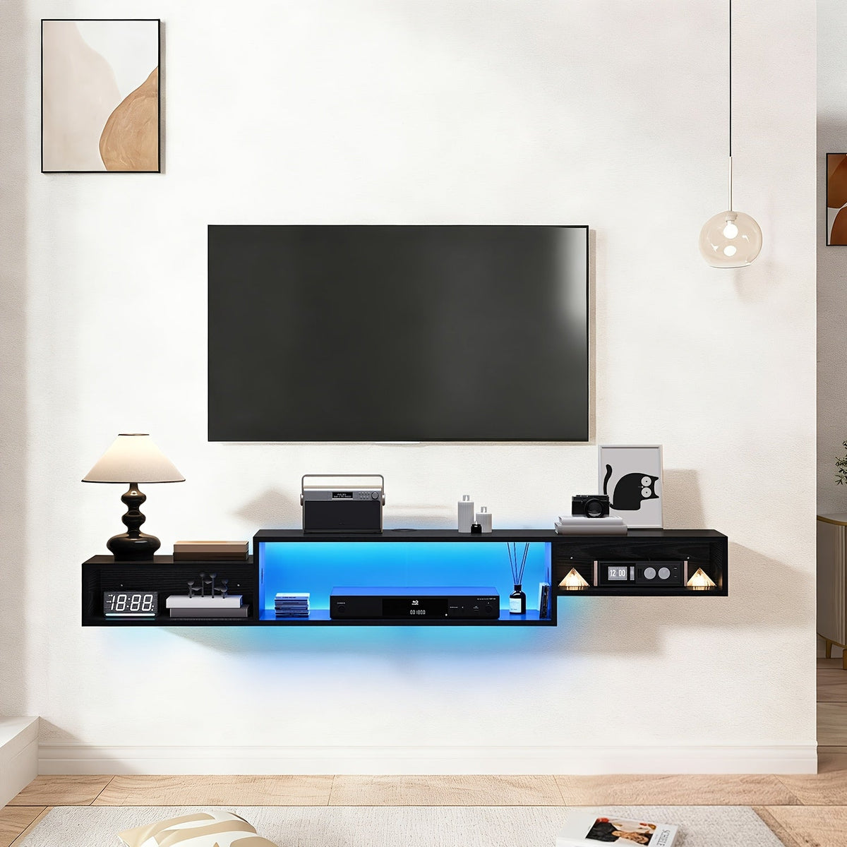 59-Inch Floating TV Stand with LED Lighting & Power Outlet – Wall Mount Entertainment Center with Corner Bracket, Multi-Color LED Strip for Living Room & Bedroom, Black or Rustic Brown – Nova Mart