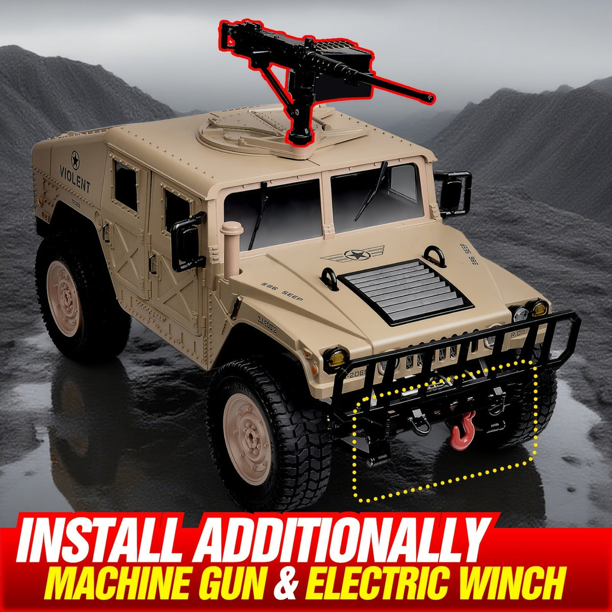 C8835 Full-Scale RC Military Off-Road Vehicle for Adults - Proportional Transmission, Variable Speed, Climbing, Multi-Mode LED Lighting, 5 Openable Doors, Optional Machine Gun & Winch Accessories