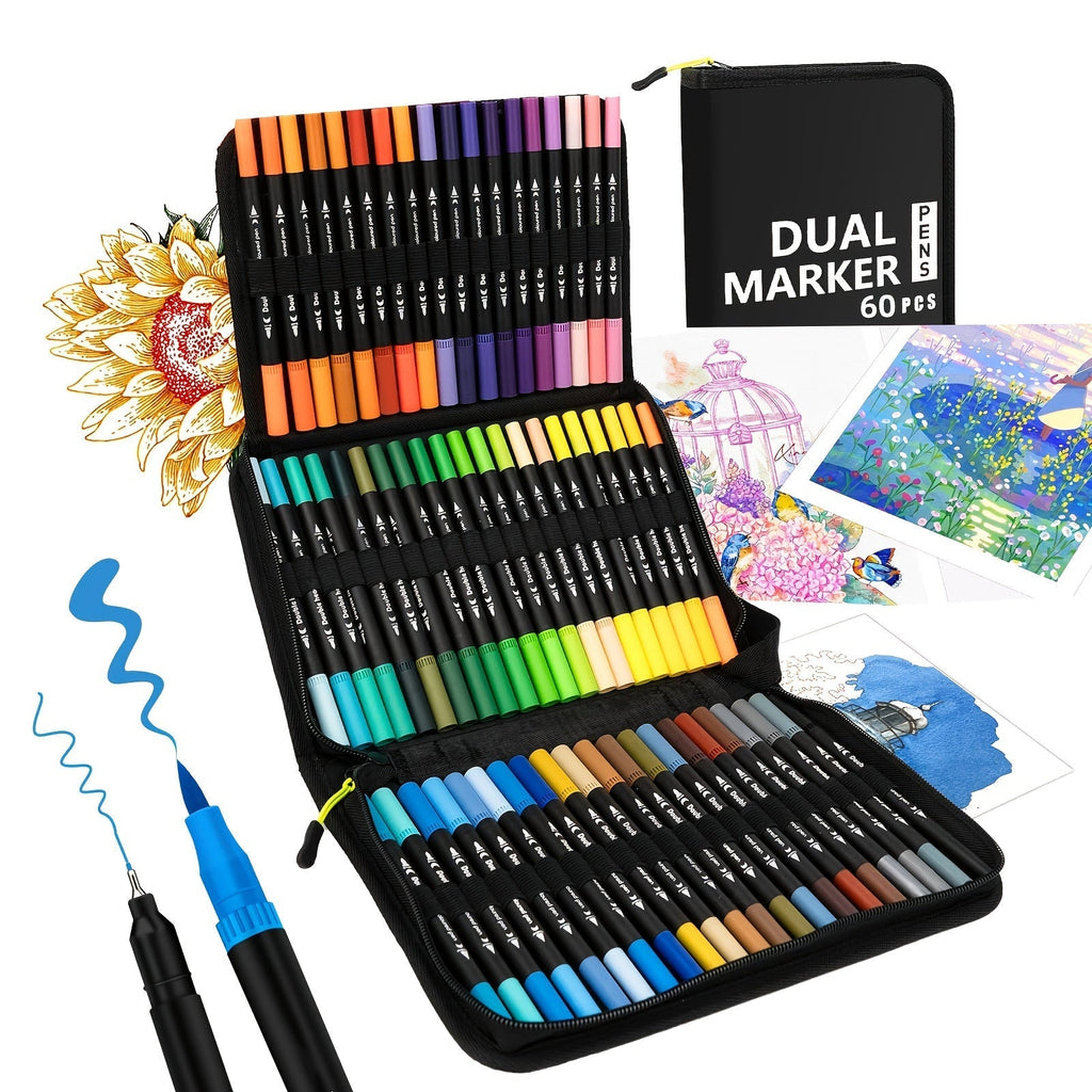 Dual Tip Alcohol Markers Set with Carrying Case, 32 to 172 Colors – Professional Artist Markers for Drawing, Sketching, Card Making, Illustration, and Adult Coloring with Custom Packaging Bag Option