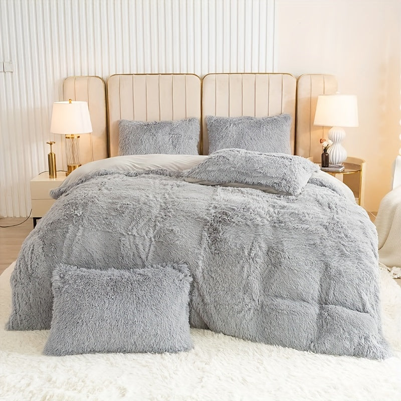 Plush Duvet Cover Set 3 Piece, Long Hair Knitted Polyester, Solid Color Fuzzy Comforter Cover with Zipper Closure, All-Season Soft Cozy Bedding Set for Bedroom, Multiple Colors Available
