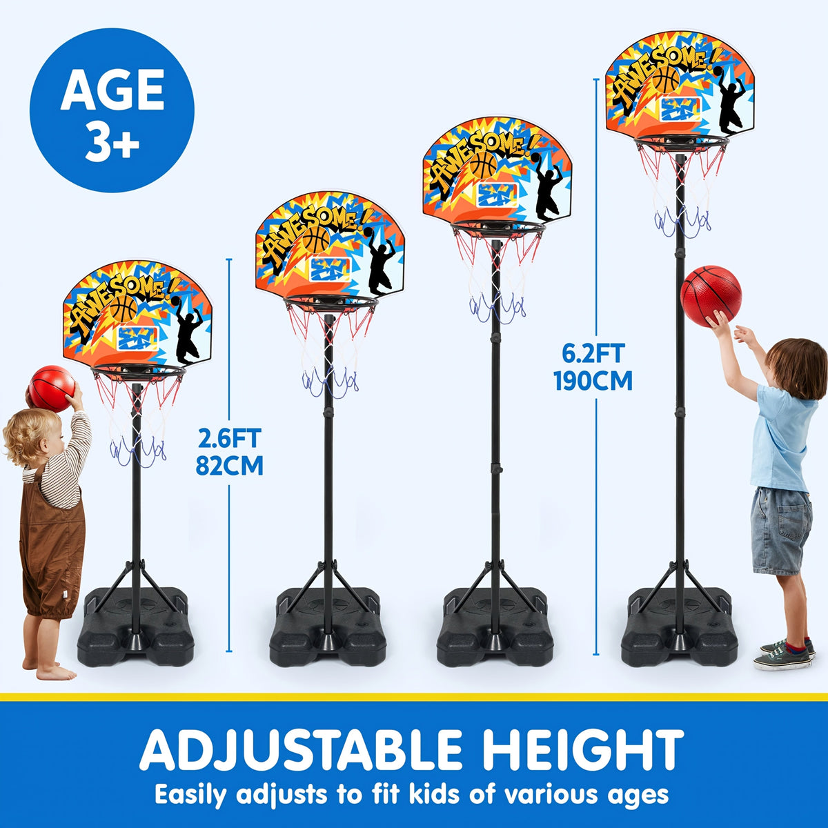 SYNCFUN Kids Basketball Hoop Adjustable Height 2.8–6.2 Ft Indoor & Outdoor Portable with 4 Balls & Pump Triangular Base for Boys & Girls Age 3+