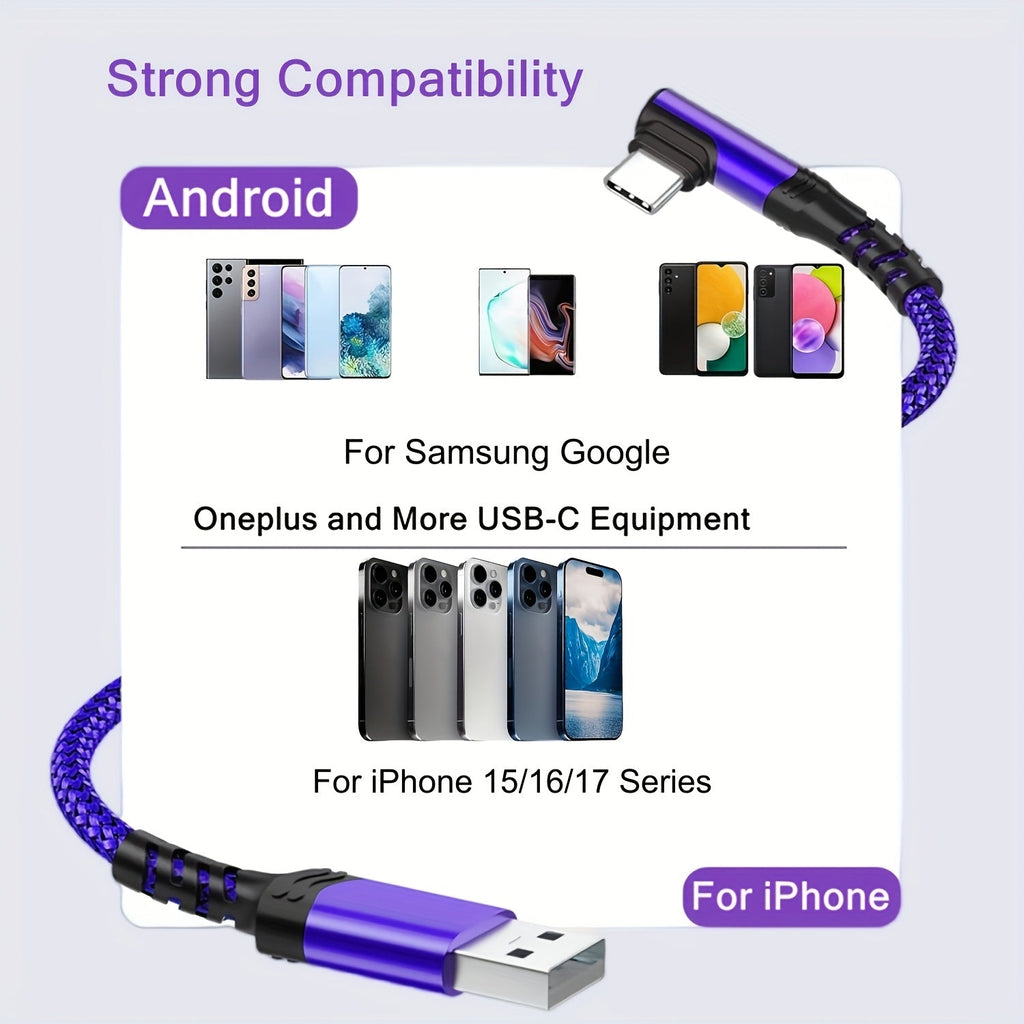 3-Pack Right Angle Braided USB-A to USB-C Fast Charging Cable - 1m, 2m & 3m - iPhone 15/16/17, iPad, Samsung, Huawei & More - Black, Blue, Red, Purple, Rose Gold & Silver