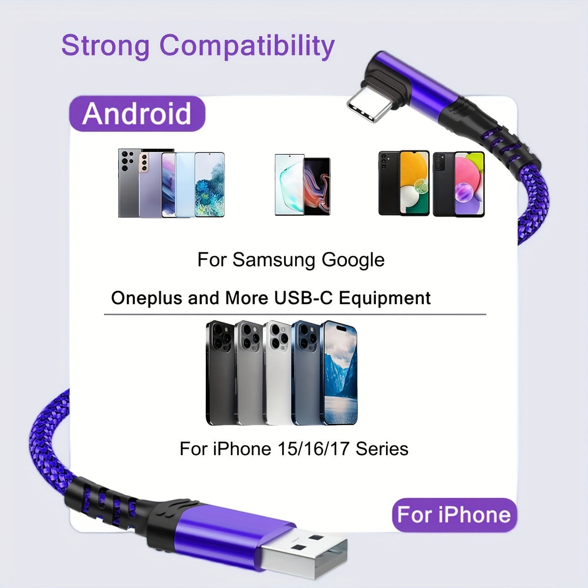 3-Pack Right Angle Braided USB-A to USB-C Fast Charging Cable - 1m, 2m & 3m - iPhone 15/16/17, iPad, Samsung, Huawei & More - Black, Blue, Red, Purple, Rose Gold & Silver