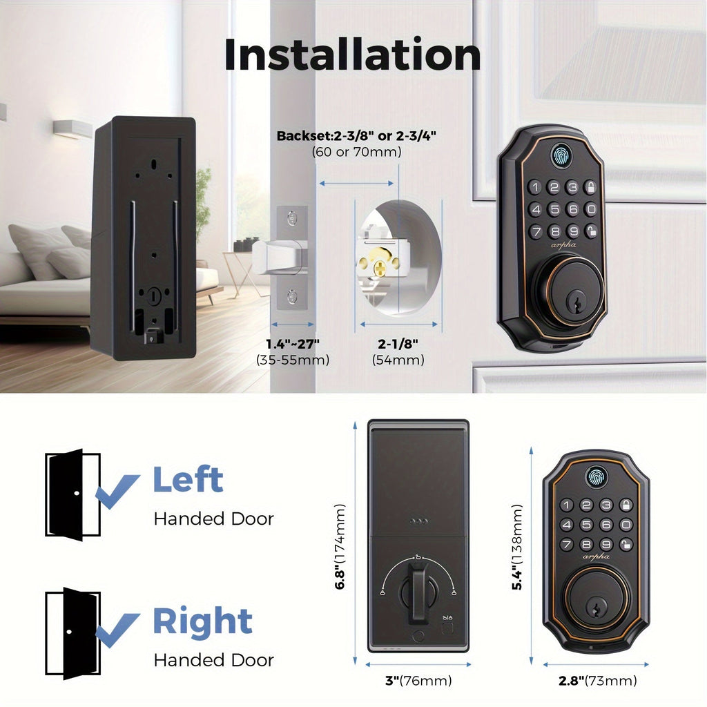 Keyless Smart Door Lock - Fingerprint, Keypad & App Control, 50 Fingerprint + 50 Password Codes, WiFi, Auto Lock, Anti-Peeping, One-Touch Unlock - Metal Deadbolt - Black & Silver