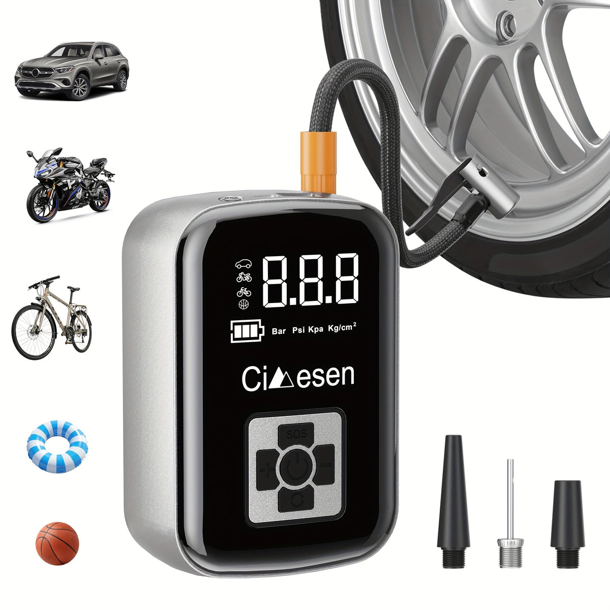 Portable Tire Inflator, 100W Cordless Air Pump, 4000mAh Battery, 30-Second Inflation, 5 Modes, Digital PSI Display, Type-C Charging, LED Light, Multi-Nozzle for Car, Motorcycle, Bicycle, Ball