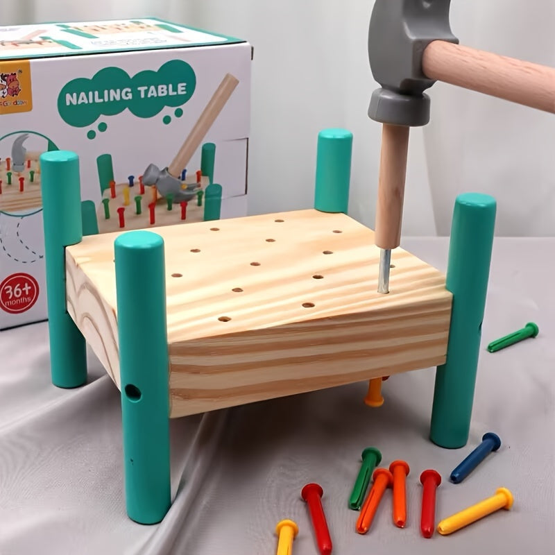 Pounding Table Toy for Toddlers, Five-Color Knocking Nail Hammer Set, Color Recognition, Hand-Eye Coordination, Parent-Child Interactive STEM Educational Toy, Birthday Christmas Gift for Kids