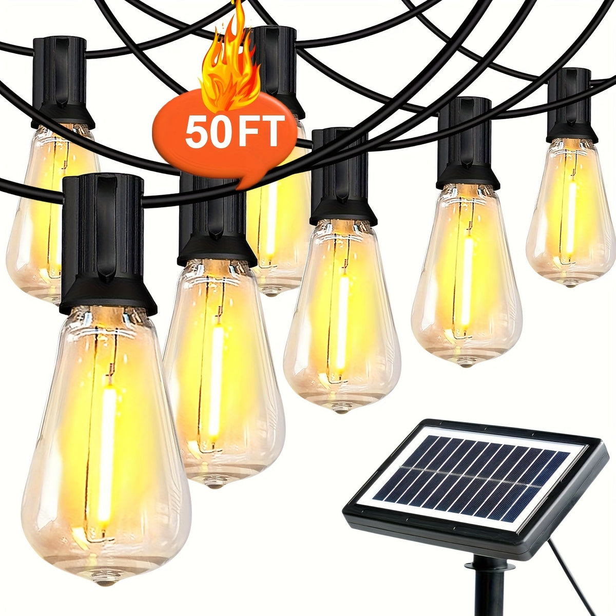 Solar LED String Lights Outdoor Waterproof 50FT & 100FT – ST38 Shatterproof Dimmable Bulbs, USB-C & Solar Powered, 4 Modes, for Patio, Yard, Pool, Garden, Wedding, Camping, and Christmas Decor