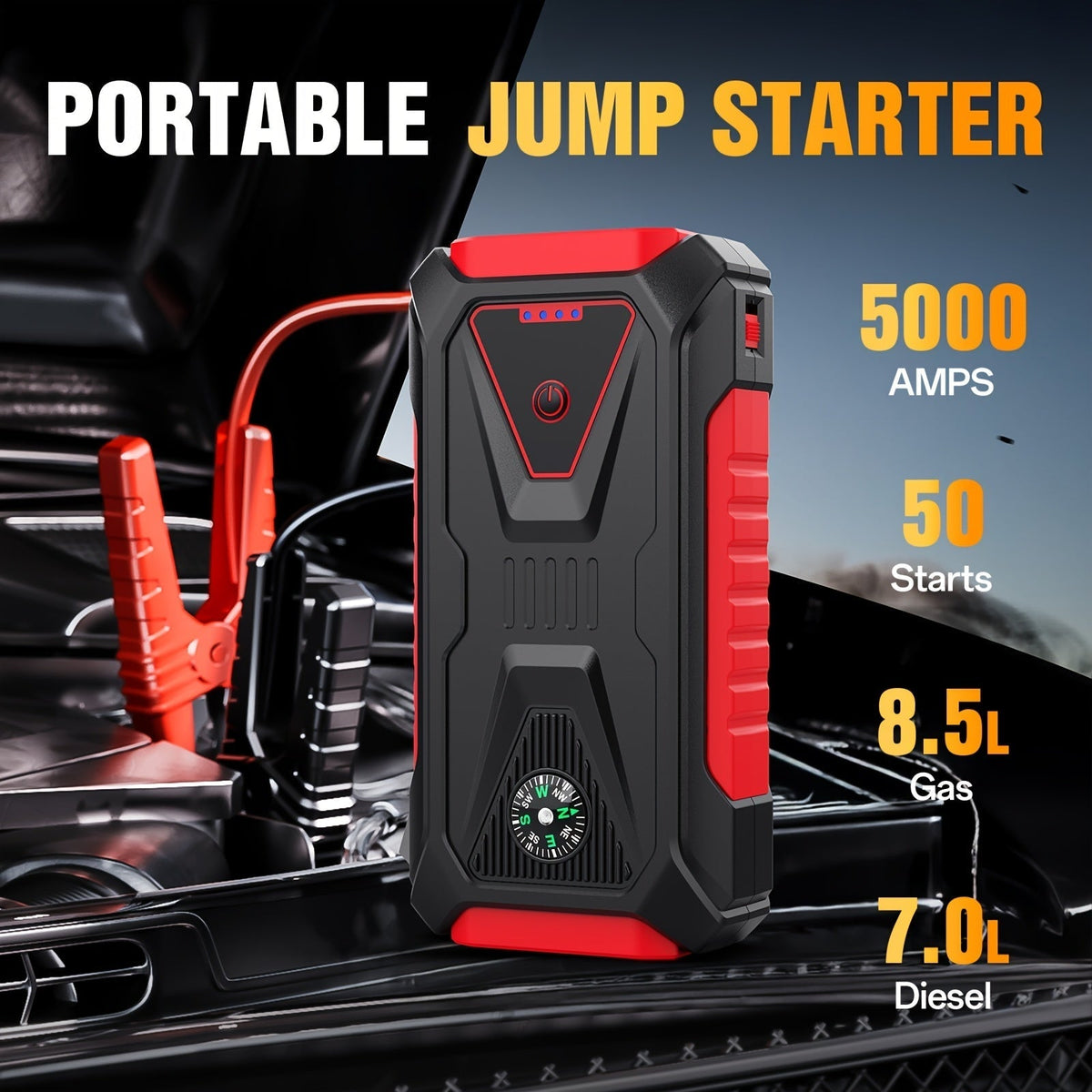 5000A Peak Jump Starter, 12V Portable Car Battery Starter for Gas & Diesel Engines – LED Flashlight, SOS Light, Safety Hammer, Compass & USB Power Bank, 74Wh Lithium Battery