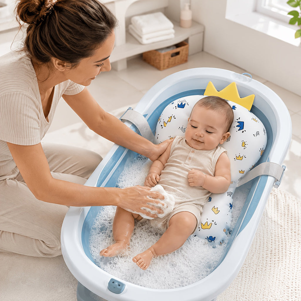 Baby Bath Support Mat Cushion for Newborns, Non-Slip 3-Point Adjustable Infant Shower Net Seat with Cute Cartoon Prints, Safe Bathing Aid for Boys & Girls (Tub Not Included)