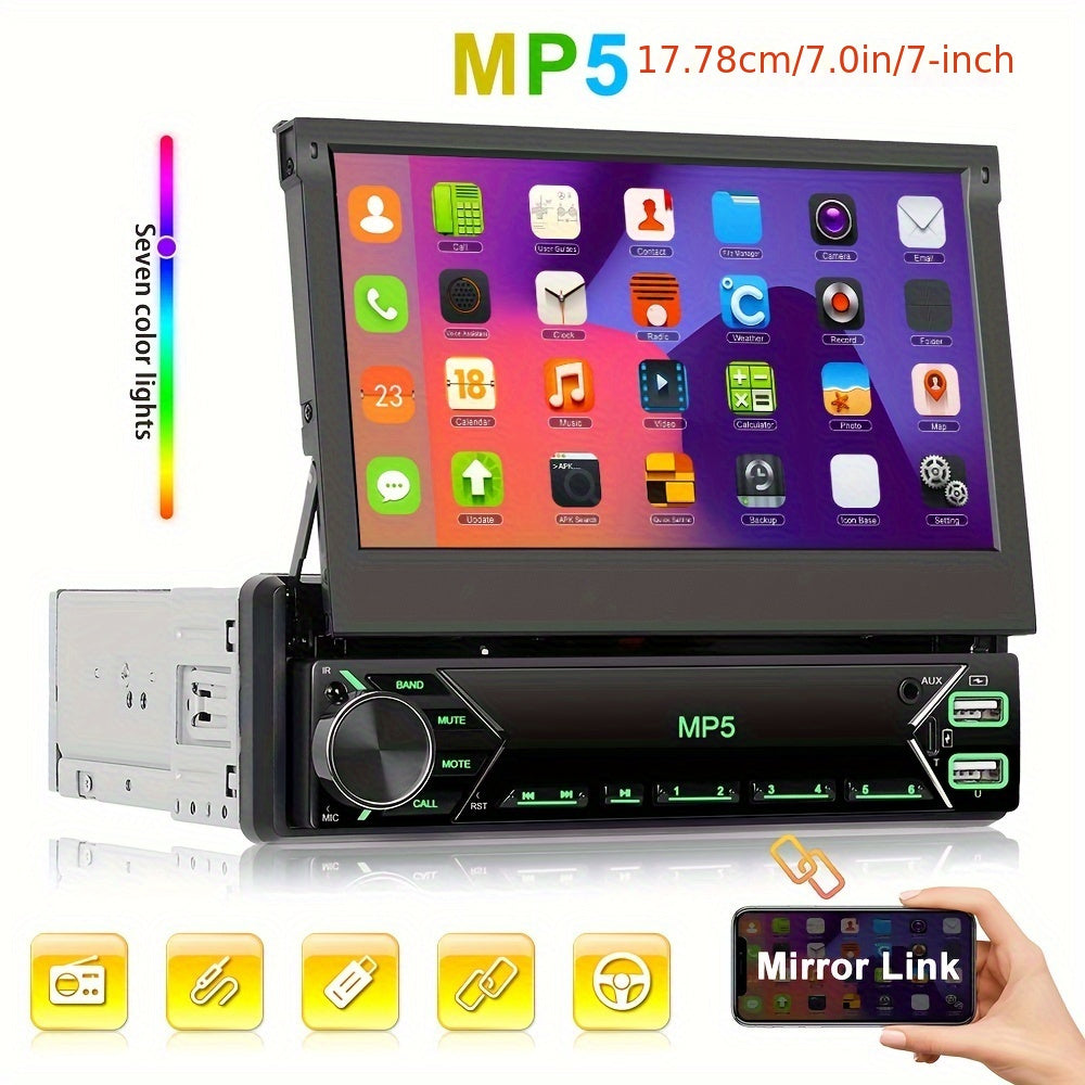 Single DIN Car Stereo 7-Inch HD Retractable Touchscreen – MP5 Player with Mirror Link, Bluetooth, FM Radio, USB, AUX, Colorful Backlight, 45W×4 Amplifier | Velora