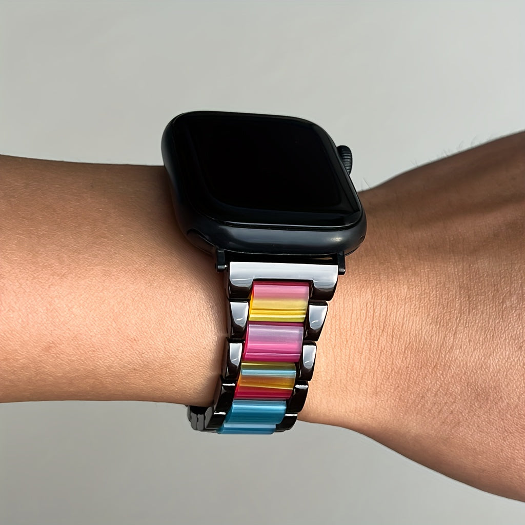 Apple Watch Band 42/44/45/46/49mm Women's Stainless Steel Resin Metal Replacement Strap Starlight Rainbow for iWatch Series 11 10 9 8 7 6 5 4 3 SE Ultra for Work, Office, Fitness, Party