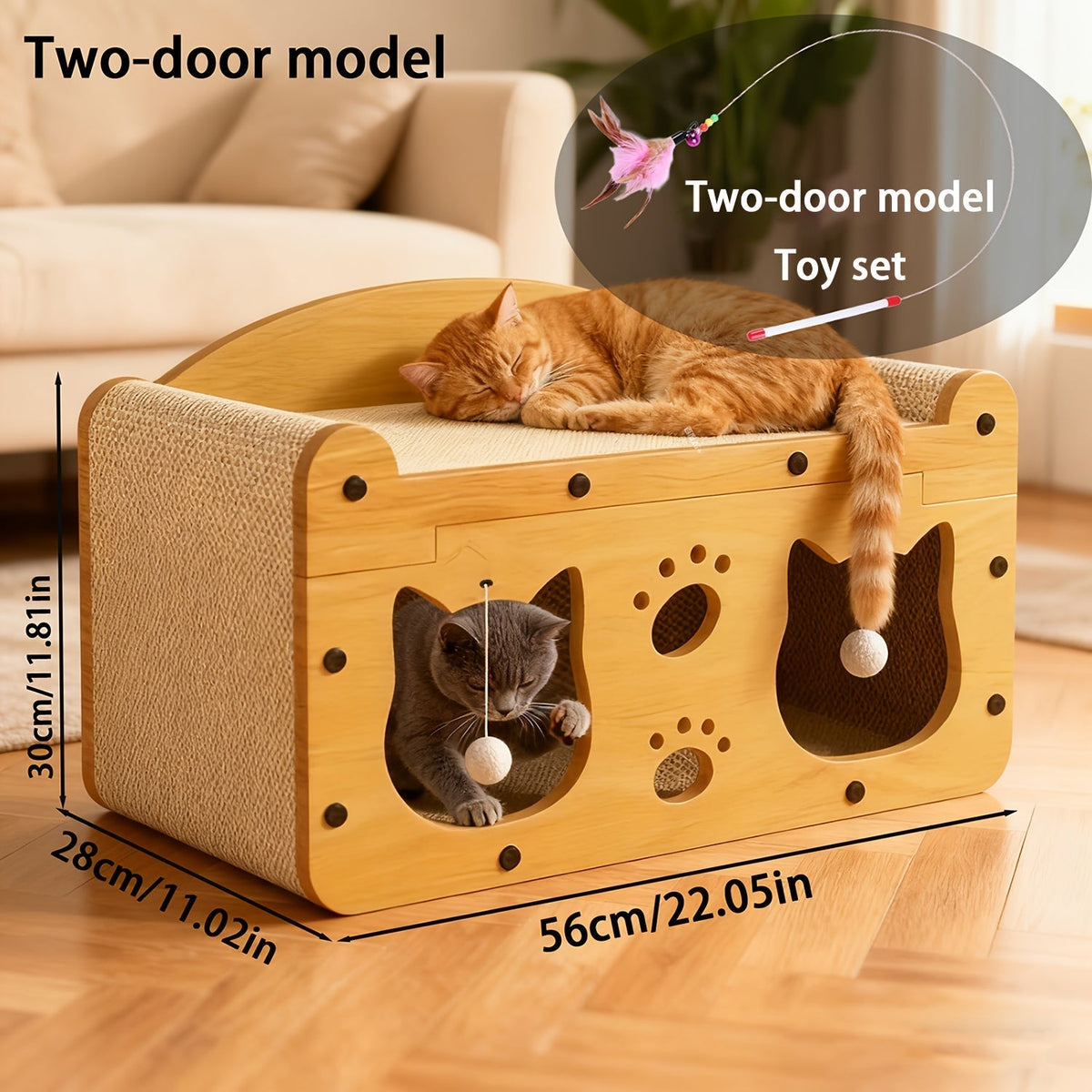 瓦楞纸猫抓屋——耐用猫窝与躲藏屋，附赠羽毛逗猫棒，通风式室内猫抓板，可选 17.7 英寸与 22 英寸两种尺寸
