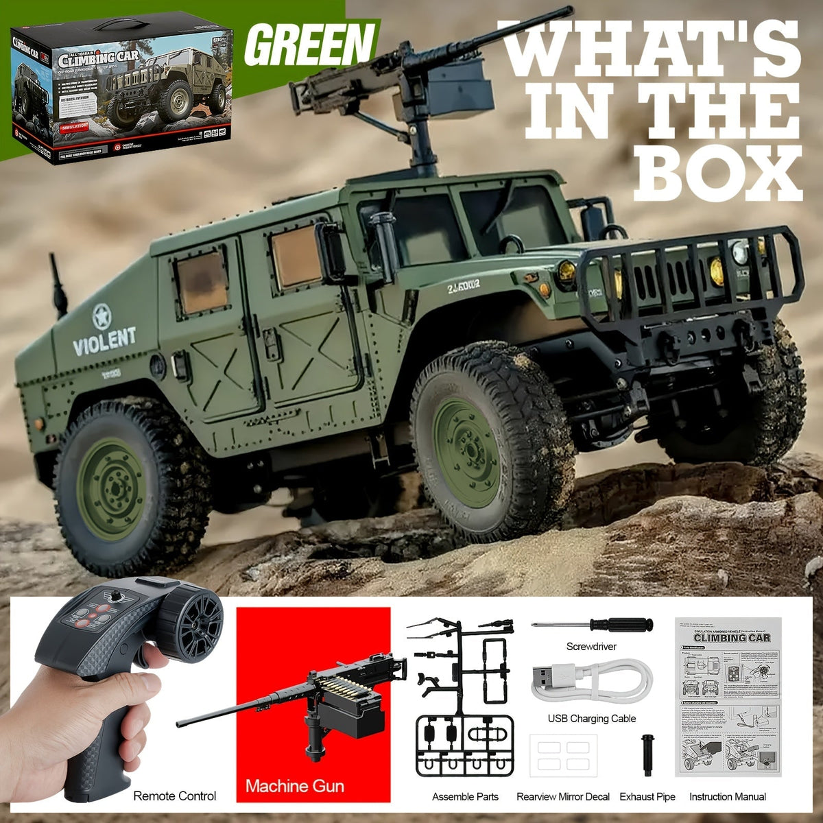 C8835 Full-Scale RC Military Off-Road Vehicle for Adults - Proportional Transmission, Variable Speed, Climbing, Multi-Mode LED Lighting, 5 Openable Doors, Optional Machine Gun & Winch Accessories