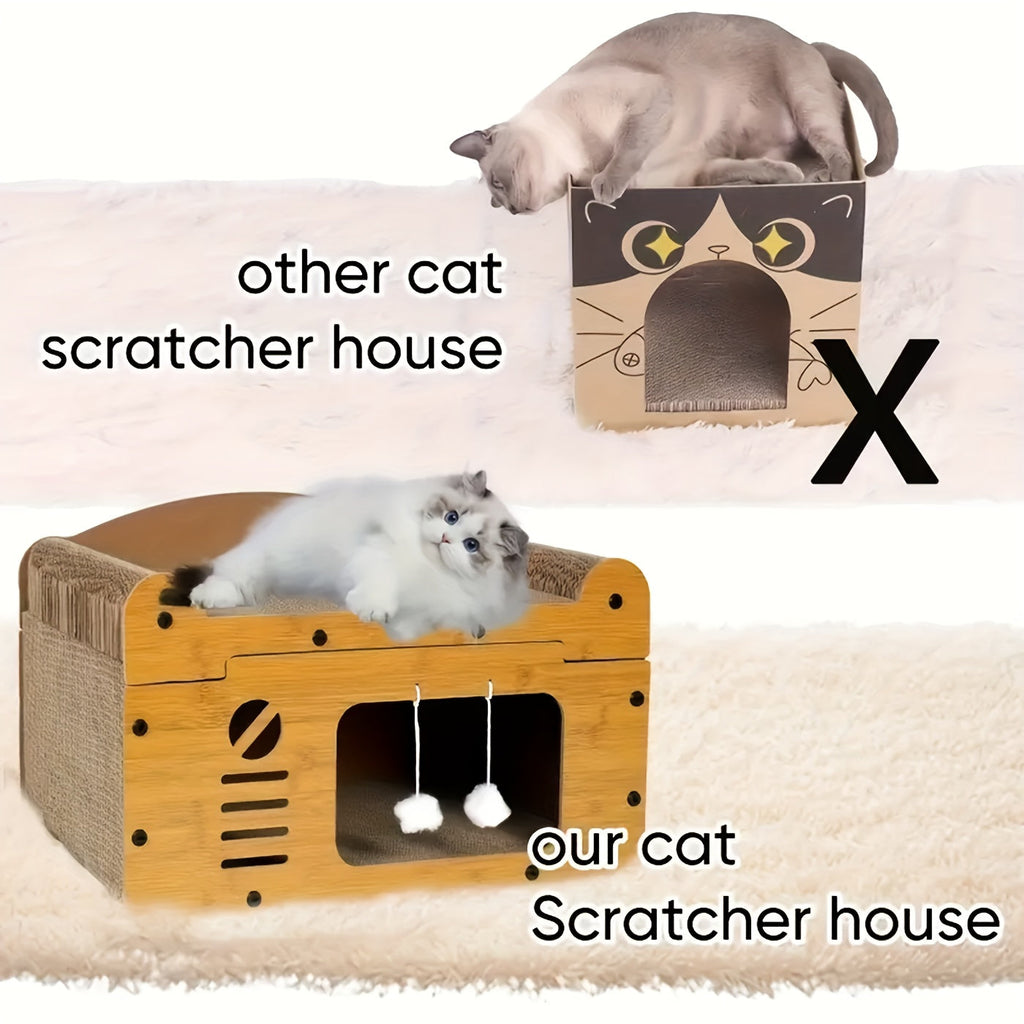 瓦楞纸猫抓屋——耐用猫窝与躲藏屋，附赠羽毛逗猫棒，通风式室内猫抓板，可选 17.7 英寸与 22 英寸两种尺寸