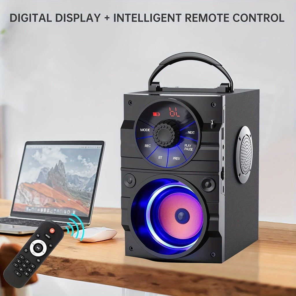 Portable Wireless Party Speaker with Subwoofer Heavy Bass Bluetooth FM Radio Remote Control LCD Display for Indoor Outdoor Home Phone & PC – Black