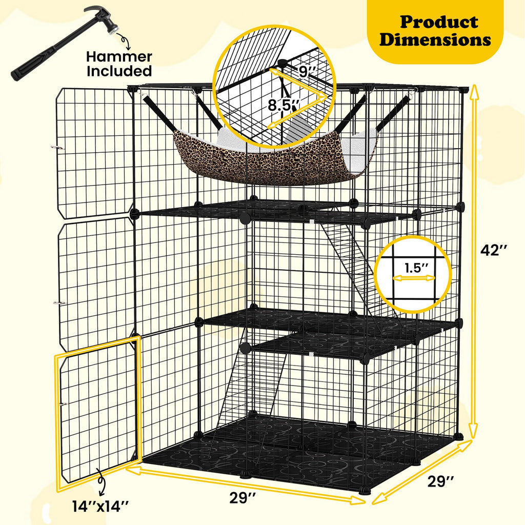 3-Tier Indoor Cat Cage & Enclosure, 29"x29"x43.5", Skylight, Hammock, 2 Climbing Ladders, 3 Lockable Doors, Anti-Tip Kit, Metal Wire & PP, for 1-3 Cats & Small Animals, Black