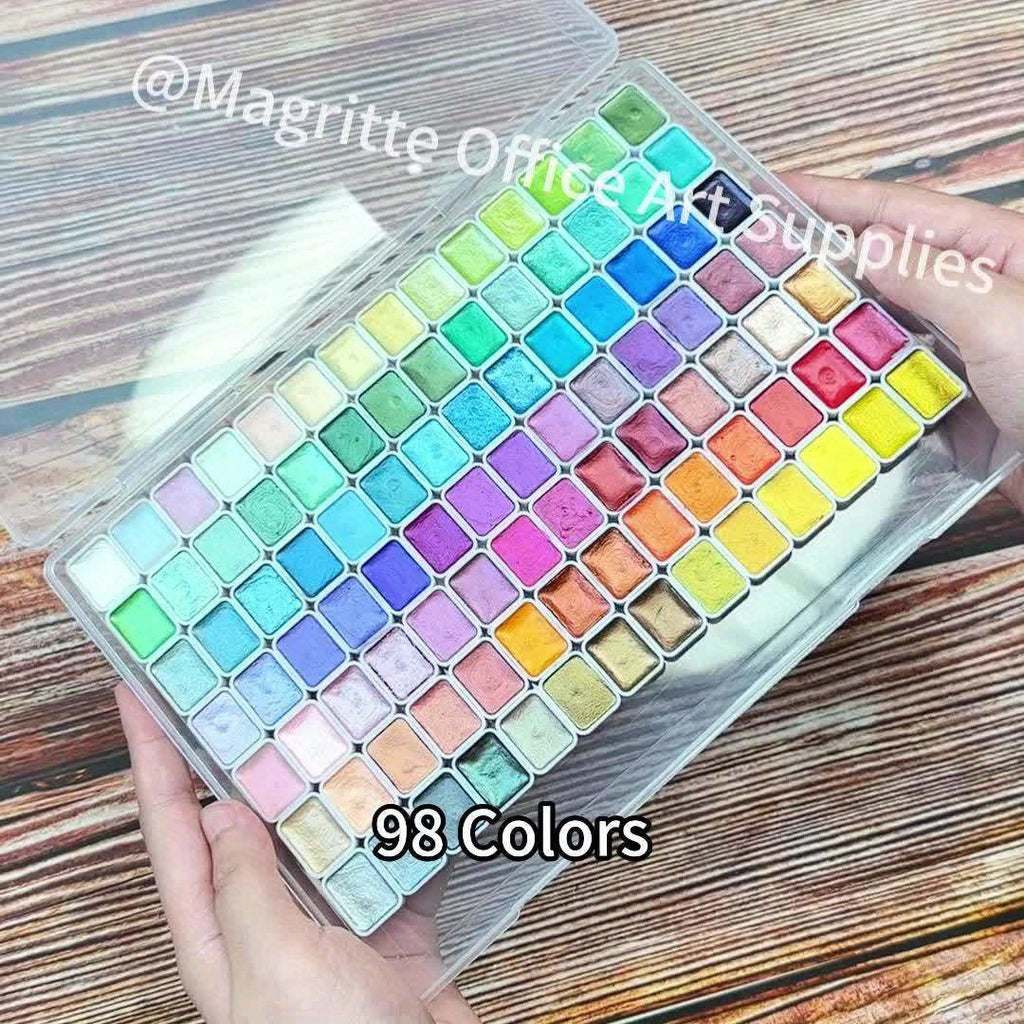 98-Color Metallic Shimmer Watercolor Paint Set, Premium Pearl Pigments in a Portable Case, High Lightfastness for Canvas Illustration, Scrapbooking, Decoration, and Art Supplies for Artists and Hobbyists