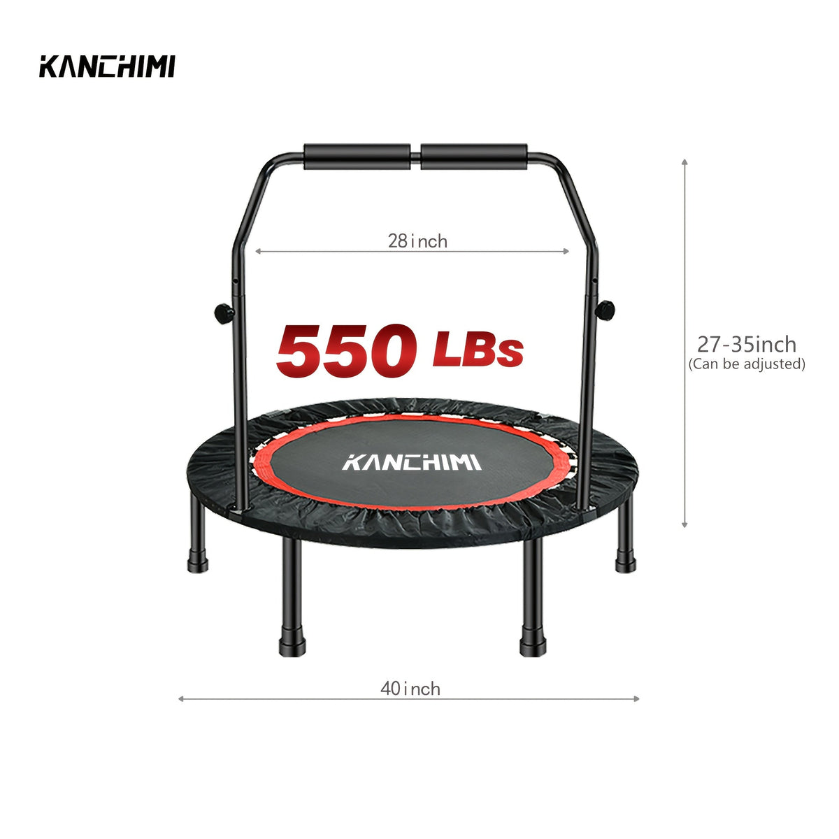 40-Inch Foldable Mini Trampoline with Handle – 450/550 LBS Fitness Rebounder with Bungees & U-Shape Foam Handle for Adults Indoor Outdoor Workout