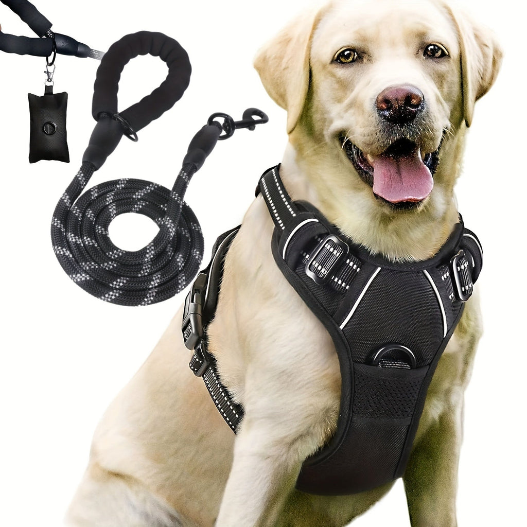 Dog Harness, Leash, and Poop Bag Dispenser 3-Piece Set – Escape-Proof, Adjustable, Breathable Vest Harness for Medium to Large Dogs with Reflective Strips – No-Pull Padded Dog Walking Kit with Waste Bag Holder