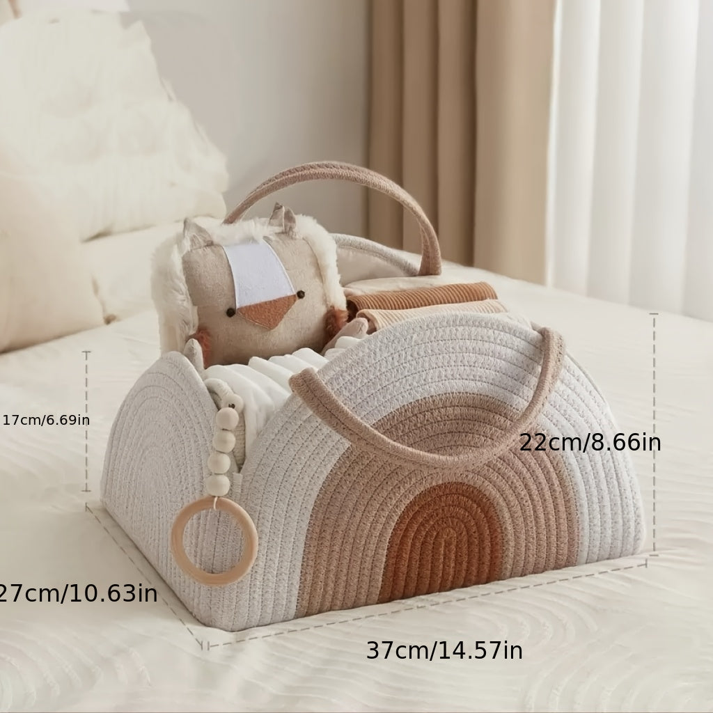 Large Diaper Storage Basket with Handle & Cute Doll, Lightweight Nursery Organizer for Diapers & Baby Clothes, Decorative Baby Room Storage, 3 Colors Including Green Grey & Brown