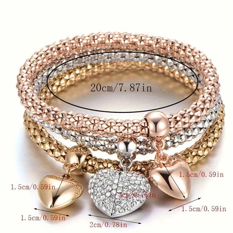 3PC Stainless Steel Stackable Bracelet Set for Women – Gold, Silver, & Rose Gold Wheat Chain & Heart Tree of Life Elastic Bracelet, Hypoallergenic Daily & Party Wear