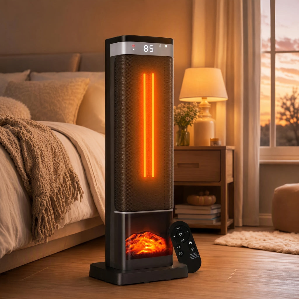 1500W Tower Space Heater 24 Inch Ceramic Fast Heating Remote Control Thermostat 4 Modes 12H Timer Overheat Tip-Over Protection Quiet for Large Room Bedroom Office Black Gold Silver