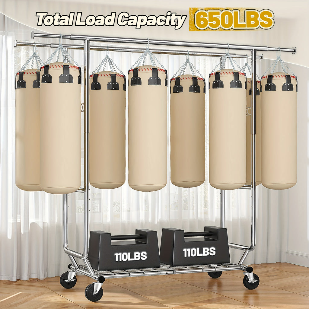 Rolling Clothes Rack, 630 lbs Capacity, 4 Omnidirectional Locking Wheels, Adjustable Height 58"-75", Extendable Width 51"-75", 1.5mm Thick Metal, Umbrella & Shoe Shelf, 10-Min Assembly, for Home, Laundry, Retail