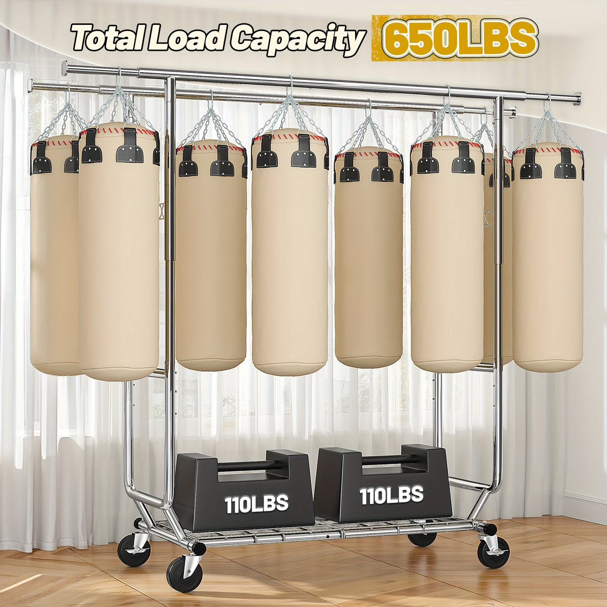 Rolling Clothes Rack, 630 lbs Capacity, 4 Omnidirectional Locking Wheels, Adjustable Height 58"-75", Extendable Width 51"-75", 1.5mm Thick Metal, Umbrella & Shoe Shelf, 10-Min Assembly, for Home, Laundry, Retail