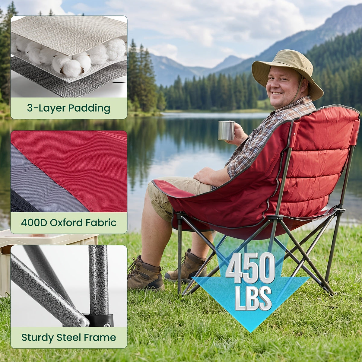Heavy Duty Folding Camping Chair – 400 LB Capacity Portable Outdoor Chair with Cup Holder & Storage Bag for Camping Fishing Sports & Travel in Blue Green Red & Black