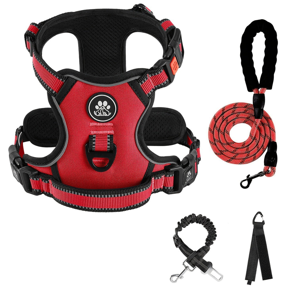 No-Pull Dog Harness Set with Retractable Leash, Seatbelt, and Collar – Fully Reflective, Adjustable, Breathable Vest Harness with Handle for Small & Large Dogs (XS–XL)