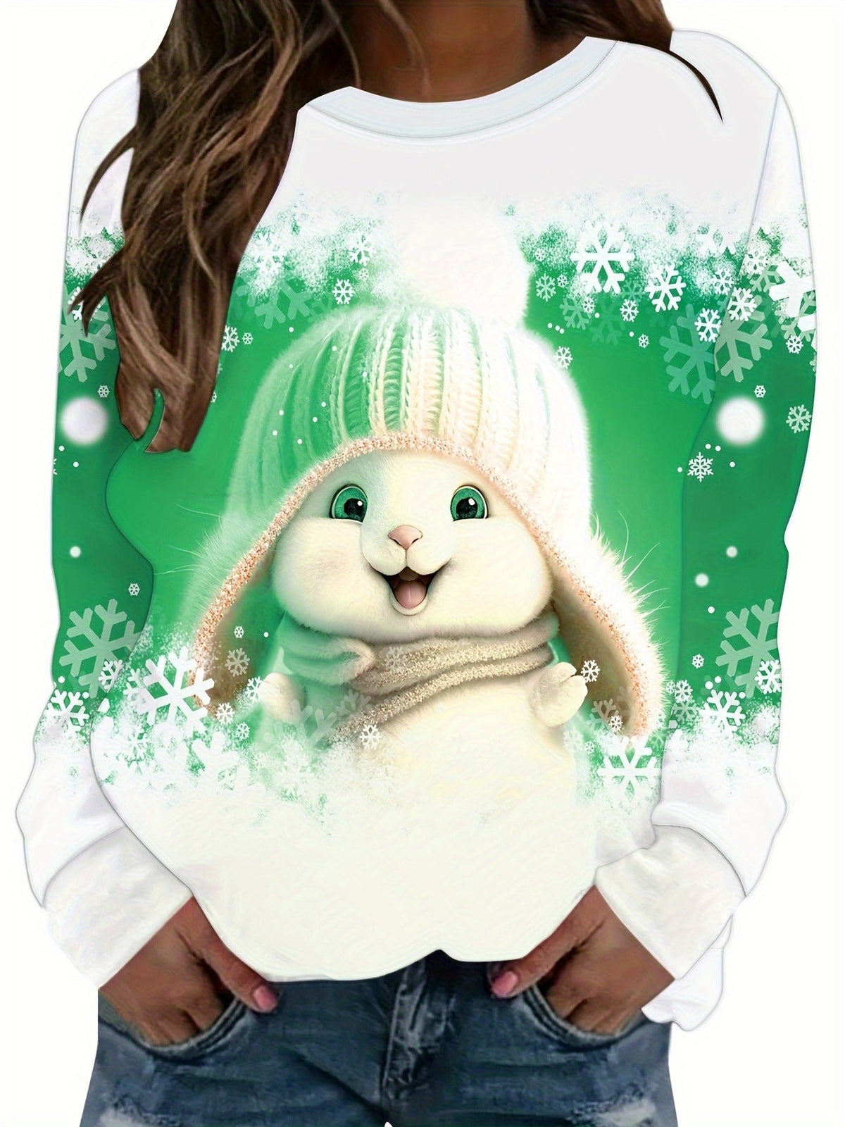 Women's Christmas Print Crew Neck Long Sleeve Loose Pullover Sweatshirt Holiday Festive Casual Tops US Warehouse
