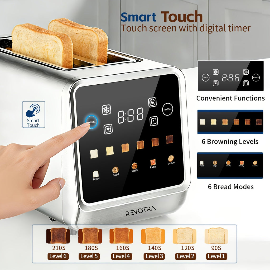 Long Slot 4-Slice Toaster - 1.5" Extra Wide Slots, Touch Screen LED Display, Countdown Timer, Memory Function, Dual Independent Control, 6 Shade Settings - Stainless Steel