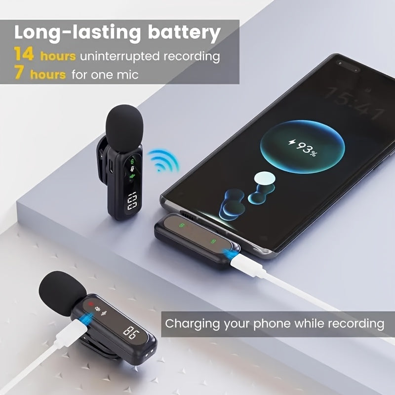 Wireless Lavalier Microphone USB-C 2.4G with DSP Noise Reduction, Digital Battery Display, 360° Omnidirectional Clip-On Lapel Mic, 100ft Range, Furry Windshield, Rotatable Magnetic Clip for iPhone, Android, Camera & Content Creators