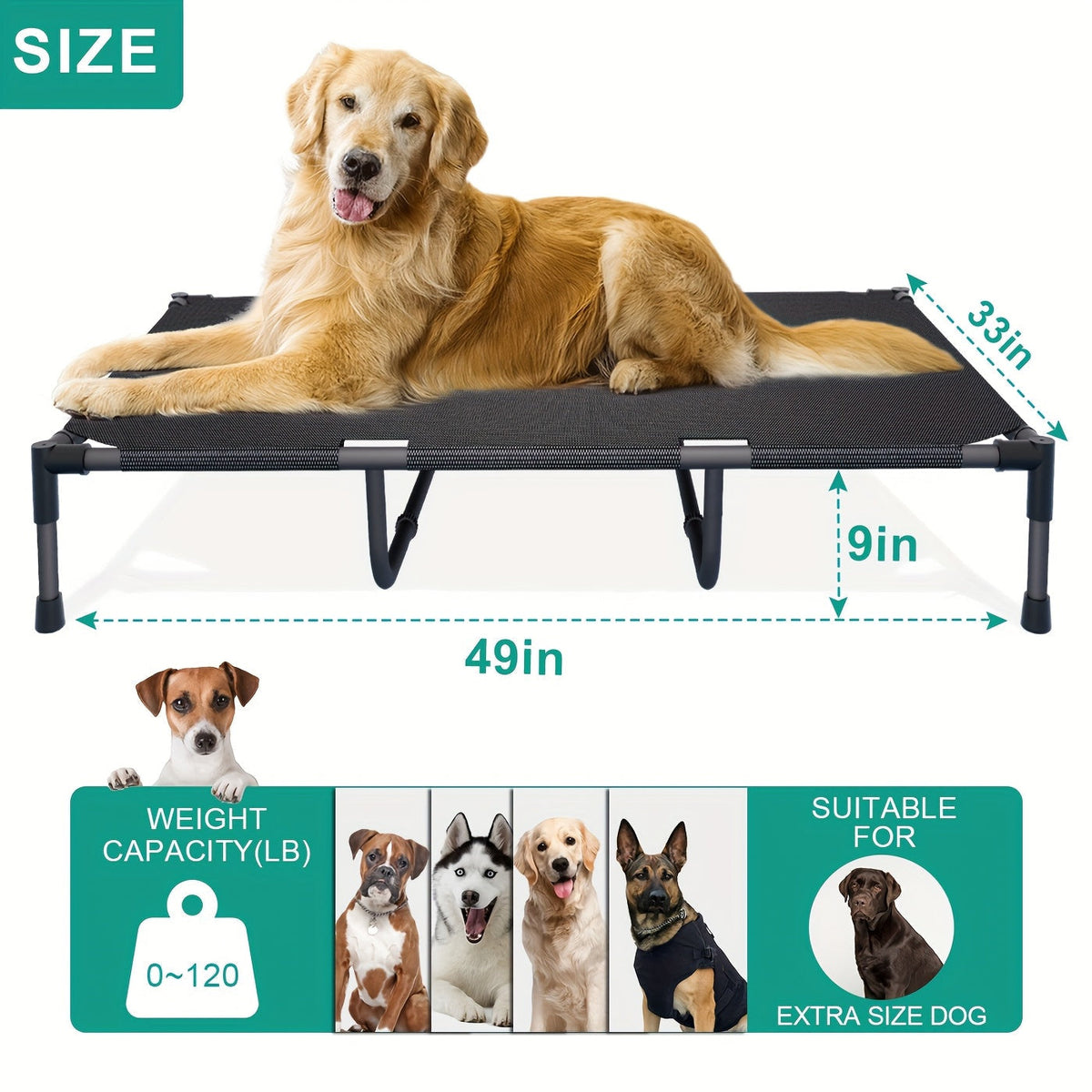 Cooling Elevated Dog Bed & Outdoor Dog Cot - Raised Pet Bed with Washable Breathable Mesh, No-Tool Assembly, Anti-Slip Feet for Large, Medium & Small Dogs, Indoor & Outdoor Use