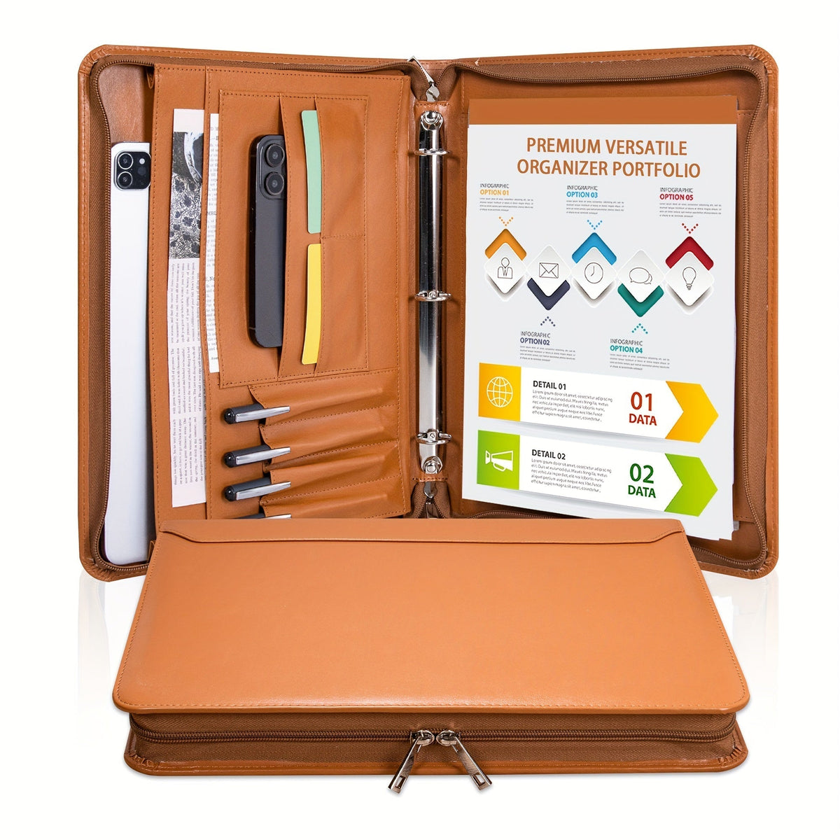 Vegan Leather Portfolio Binder, 3-Ring Zippered A4 Legal Document Organizer with Laptop Pocket for Women and Men