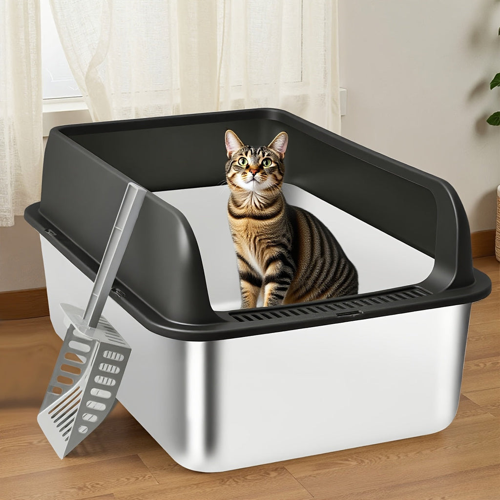 Stainless Steel Cat Litter Box, High-Sided Anti-Leakage Metal Litter Pan with Scoop and Sifting Tray, Rust-Proof, Odor-Resistant, Non-Stick, Easy-Clean Indoor Cat Toilet for Medium to Large Cats