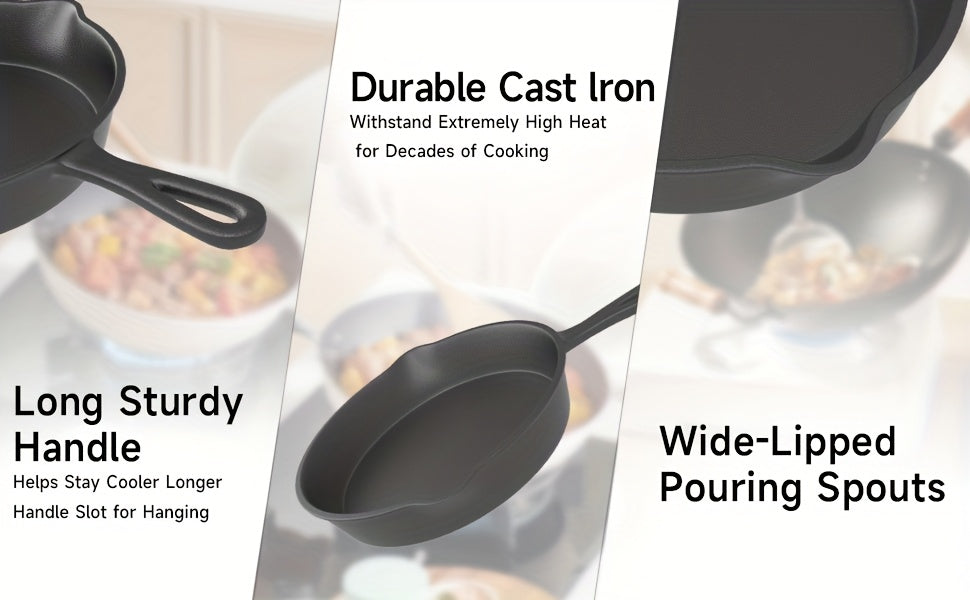 3-Piece Cast Iron Skillet Set with Pour Spouts – Pre-Seasoned Non-Stick Heavy-Duty Cookware for Holiday Cooking, RV Camping, Campfire Meals, Oven & Stovetop Safe Kitchen Gift