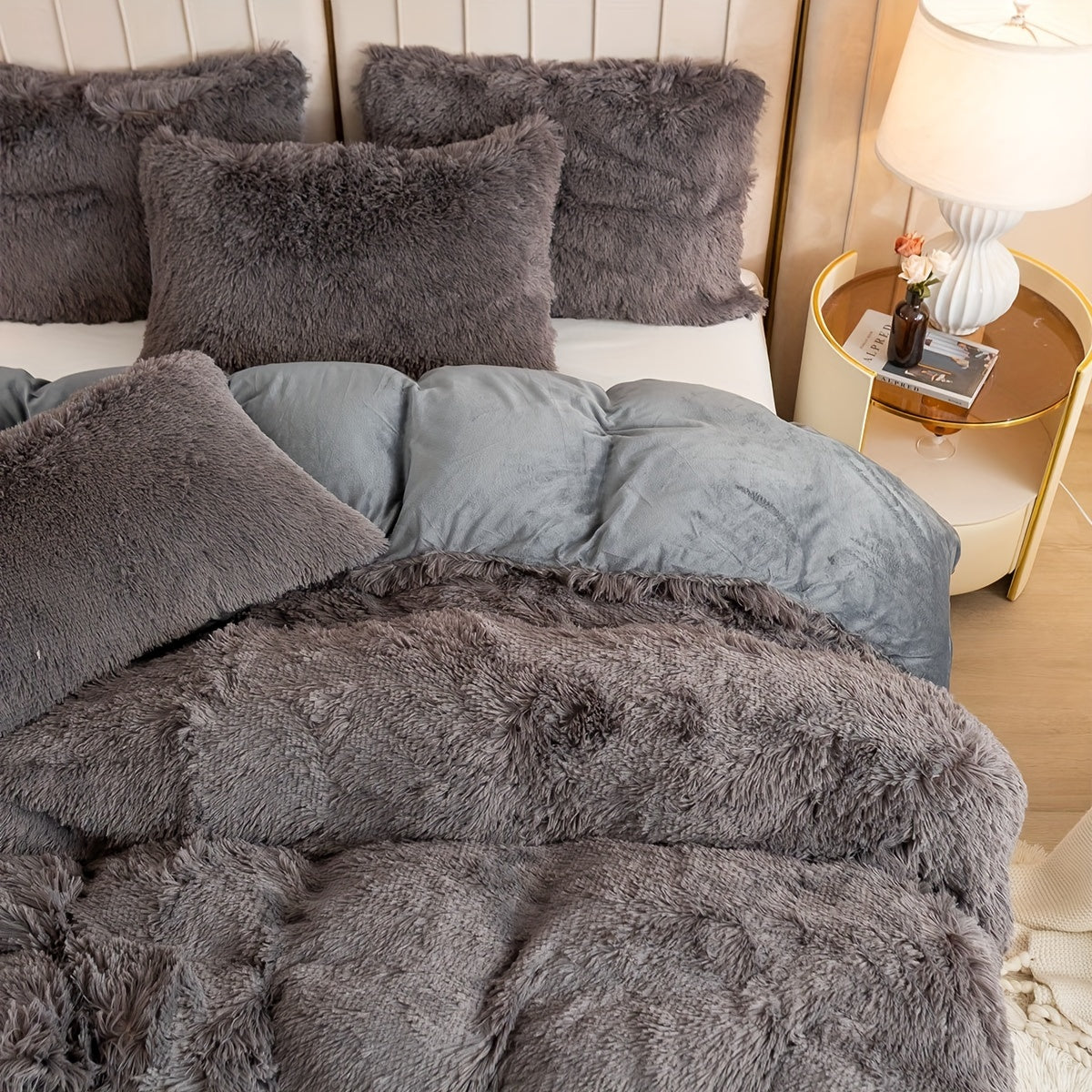 Plush Duvet Cover Set 3 Piece, Long Hair Knitted Polyester, Solid Color Fuzzy Comforter Cover with Zipper Closure, All-Season Soft Cozy Bedding Set for Bedroom, Multiple Colors Available