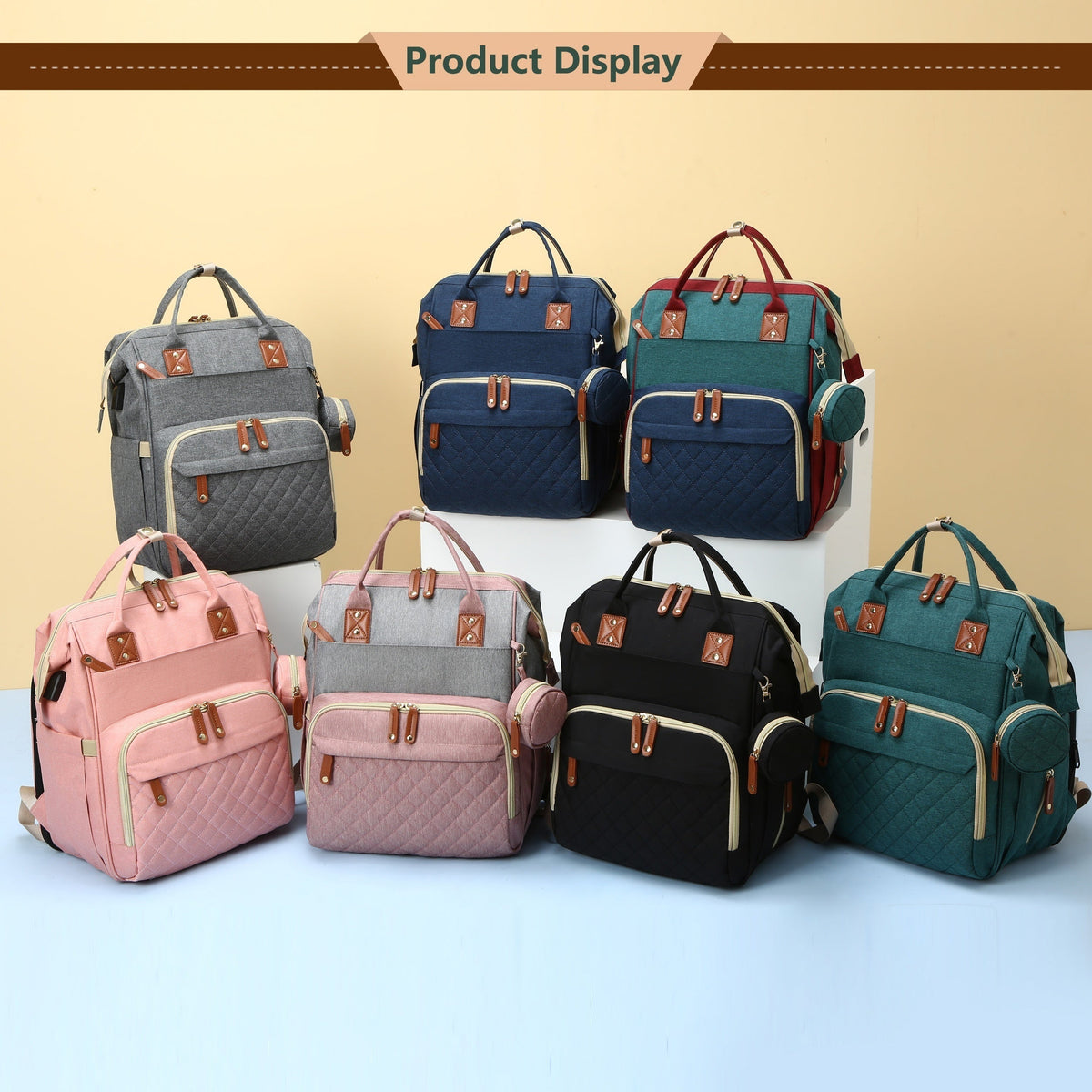 Large Multifunctional Diaper Bag Backpack with Changing Station for Boys & Girls, Travel Baby Diaper Backpack, Blue & Pink Gray
