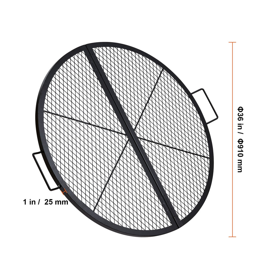 Fire Pit Grill Grate 36 Inch Round Foldable, Heavy-Duty Steel BBQ Cooking Grate with X-Wire Support & Handle, Diamond Mesh, Portable Camping Cookware for Outdoor Party Backyard, Black
