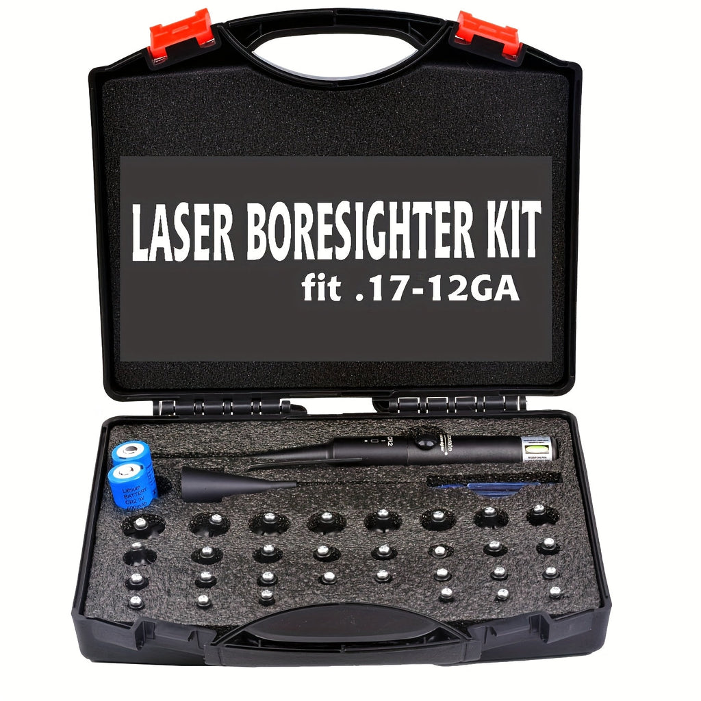 Laser Bore Sight Kit with 32 Adapters – Red & Green Laser Boresighter for .17 to 12GA, High Precision Rifle Zeroing Tool with 8-Hour Battery Life, Button ON/OFF for Hunting and Shooting