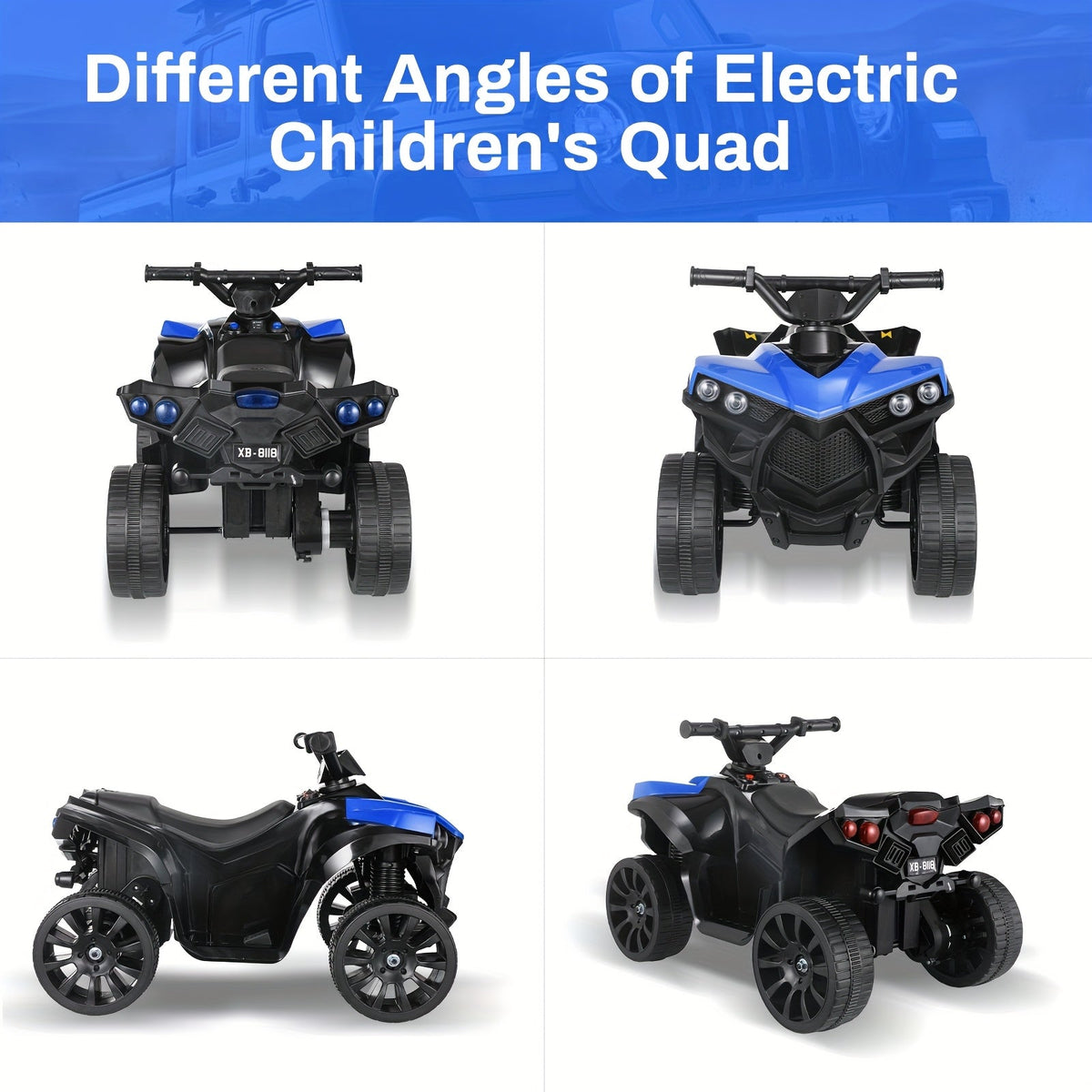 Kids Electric Quad ATV Ride-On Car with Headlights, Pedal Accelerator, All-Terrain Anti-Slip Tires, 55 lbs Capacity, 1.86 MPH Ride-On Toy for Boys and Girls Ages 3-6, Birthday/Christmas Gift, Blue/Black/Pink/Red