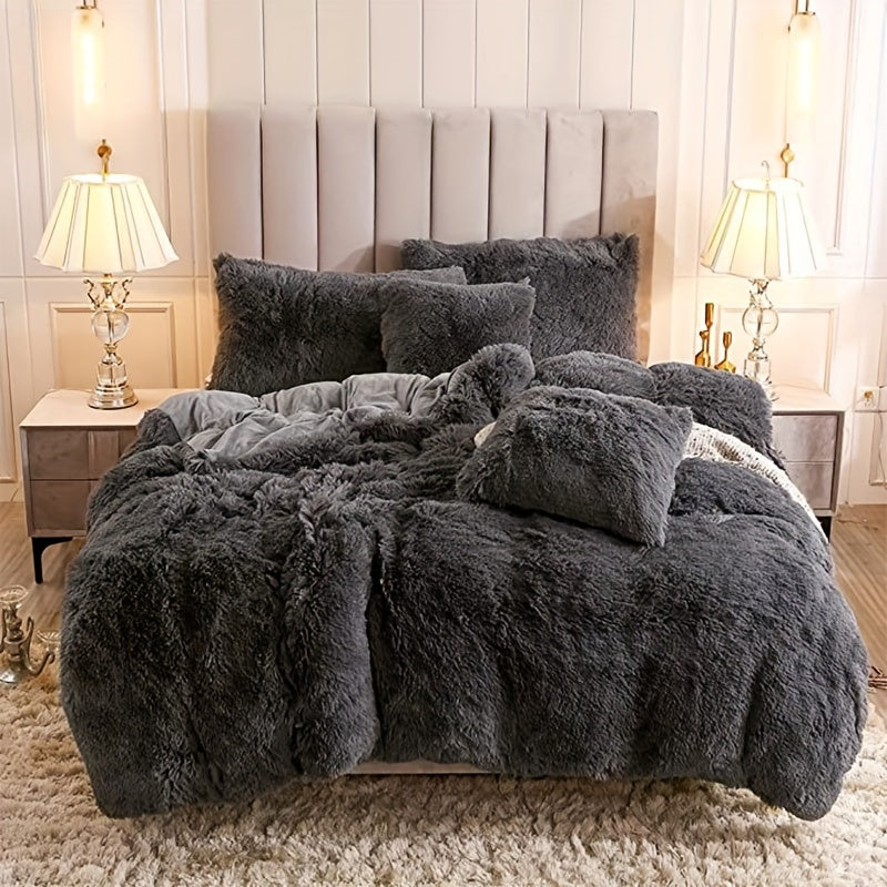 Plush Duvet Cover Set 3 Piece, Long Hair Knitted Polyester, Solid Color Fuzzy Comforter Cover with Zipper Closure, All-Season Soft Cozy Bedding Set for Bedroom, Multiple Colors Available