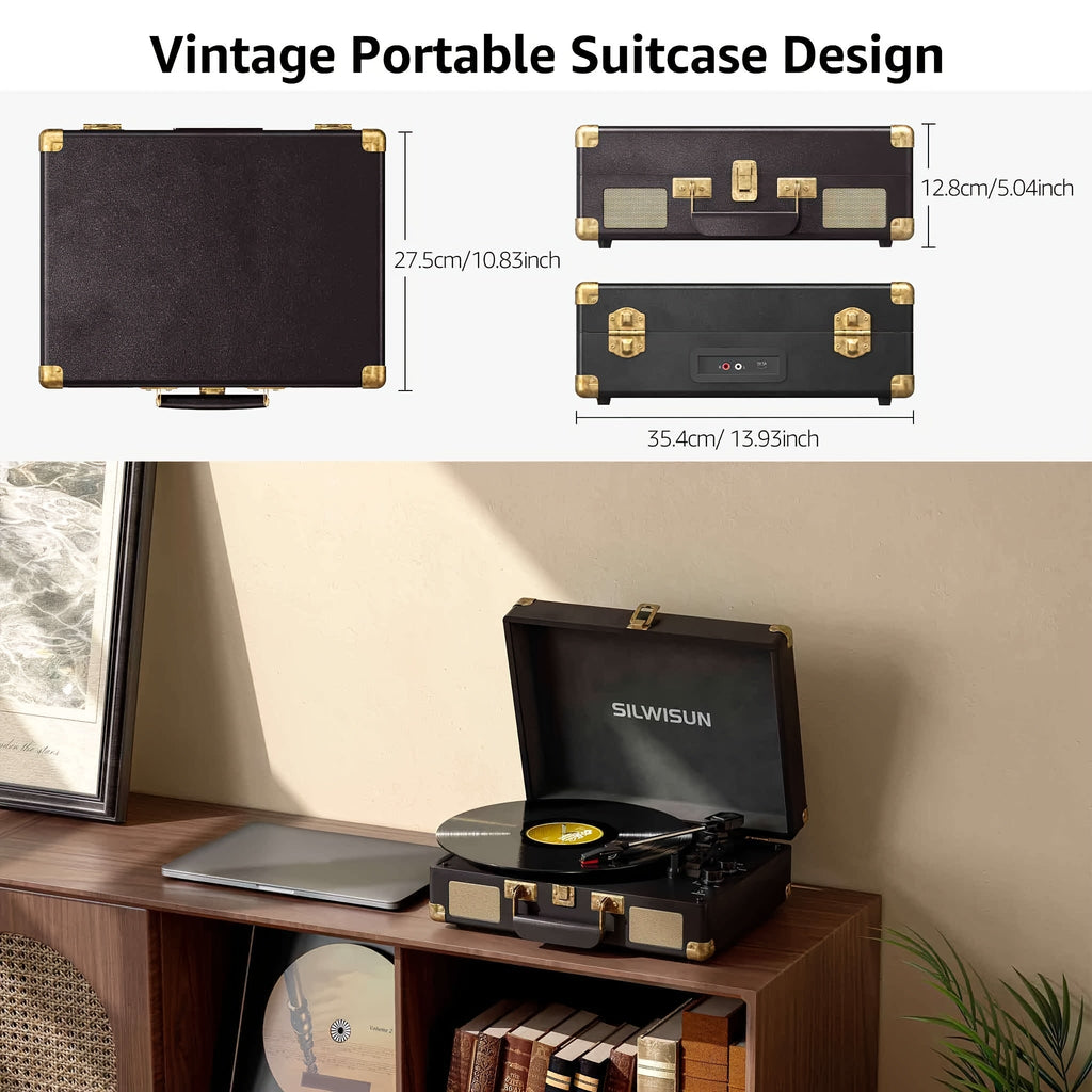 Portable Suitcase Vinyl Record Player – 3-Speed Turntable with Built-In Battery Wireless Speakers Headphone Jack AUX & RCA in Pink Green Brown