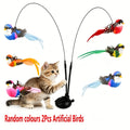 Interactive Cat Feather Bird Teaser Toy with Suction Cup Base – Hands-Free Dual-Rod Cat Wand Toy, Battery-Free Indoor & Outdoor Cat Toy, Non-Toxic Polyester, 2 Artificial Birds Included, Mixed Colors