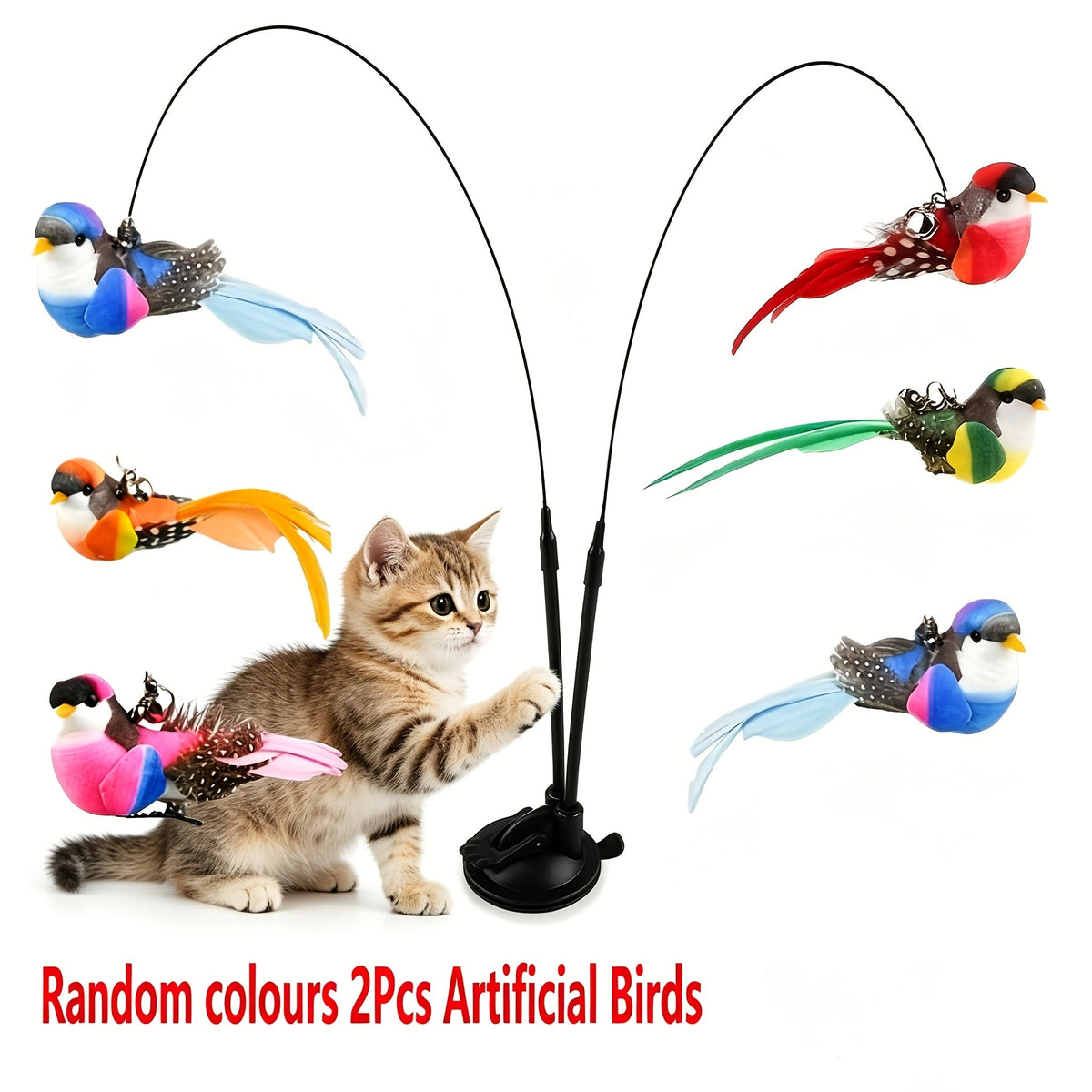 Interactive Cat Feather Bird Teaser Toy with Suction Cup Base – Hands-Free Dual-Rod Cat Wand Toy, Battery-Free Indoor & Outdoor Cat Toy, Non-Toxic Polyester, 2 Artificial Birds Included, Mixed Colors