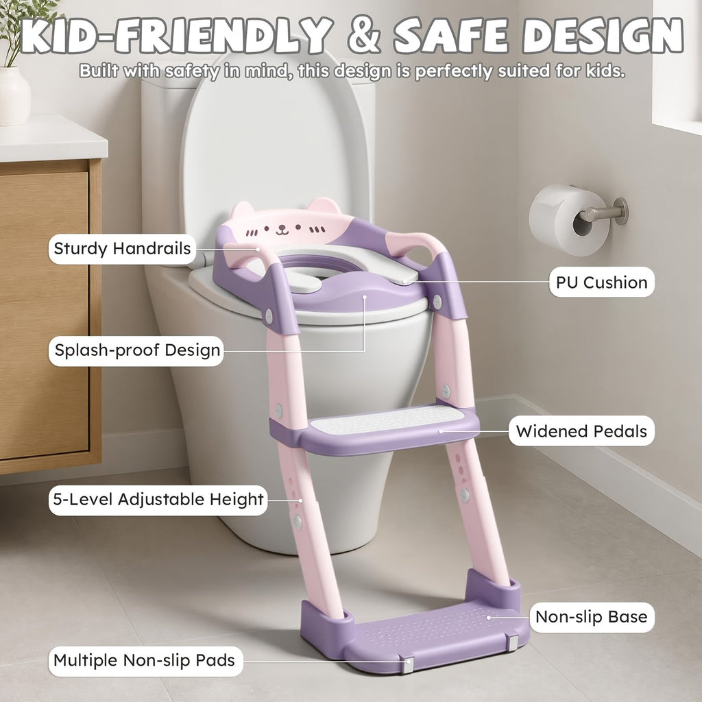 3-in-1 Potty Training Seat, Training Toilet & Potty Chair for Toddlers, Height Adjustable Foldable with Splash Guard & Anti-Slip Steps for Boys & Girls, 4 Colors Including Purple Green Grey & Blue