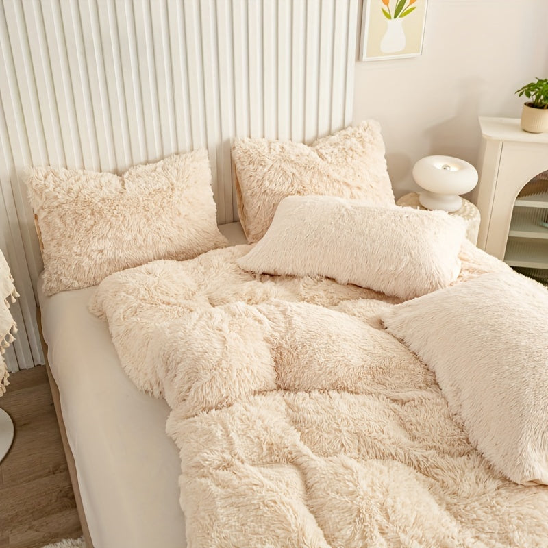 Plush Duvet Cover Set 3 Piece, Long Hair Knitted Polyester, Solid Color Fuzzy Comforter Cover with Zipper Closure, All-Season Soft Cozy Bedding Set for Bedroom, Multiple Colors Available