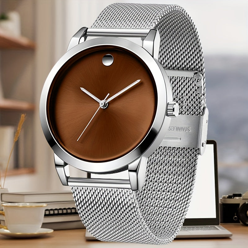 Men's Minimalist Stainless Steel Band Quartz Watch, Slim Round Dial, Casual Fashion Everyday Wear, Gift for Him, Silver Brown